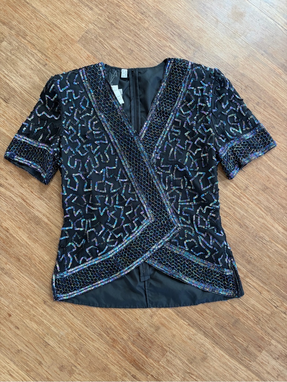 NWT Vintage AS Ronald Joyce Silk Sequin Top Iridescent Black Beaded Blouse Sz 8